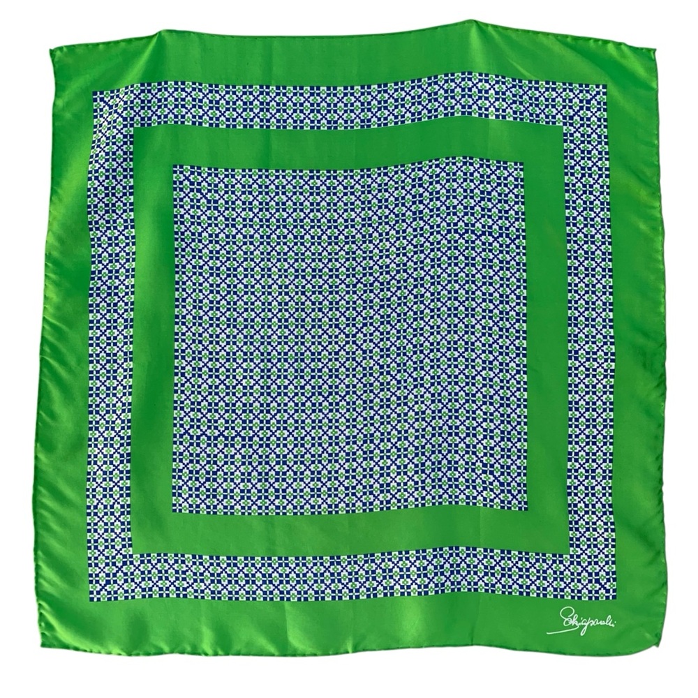 Elsa Schiaparelli Vintage Blue and Green Silk Blend Signed Scarf ~ 22” Square - Picture 2 of 5